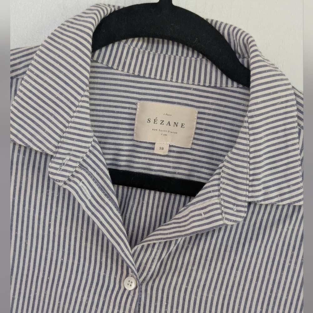 Sezane Blue and White Striped Long Sleeve Button Up Top